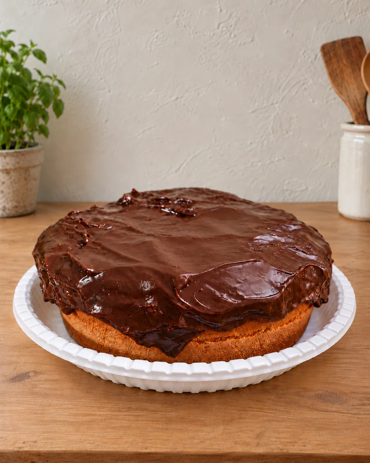Bolo de cenoura com cobertura de chocolate, visto de frente